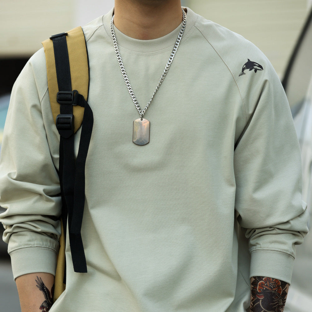 美式休閒300g重磅插肩長袖T恤男鯨魚印花三本針純棉TEE