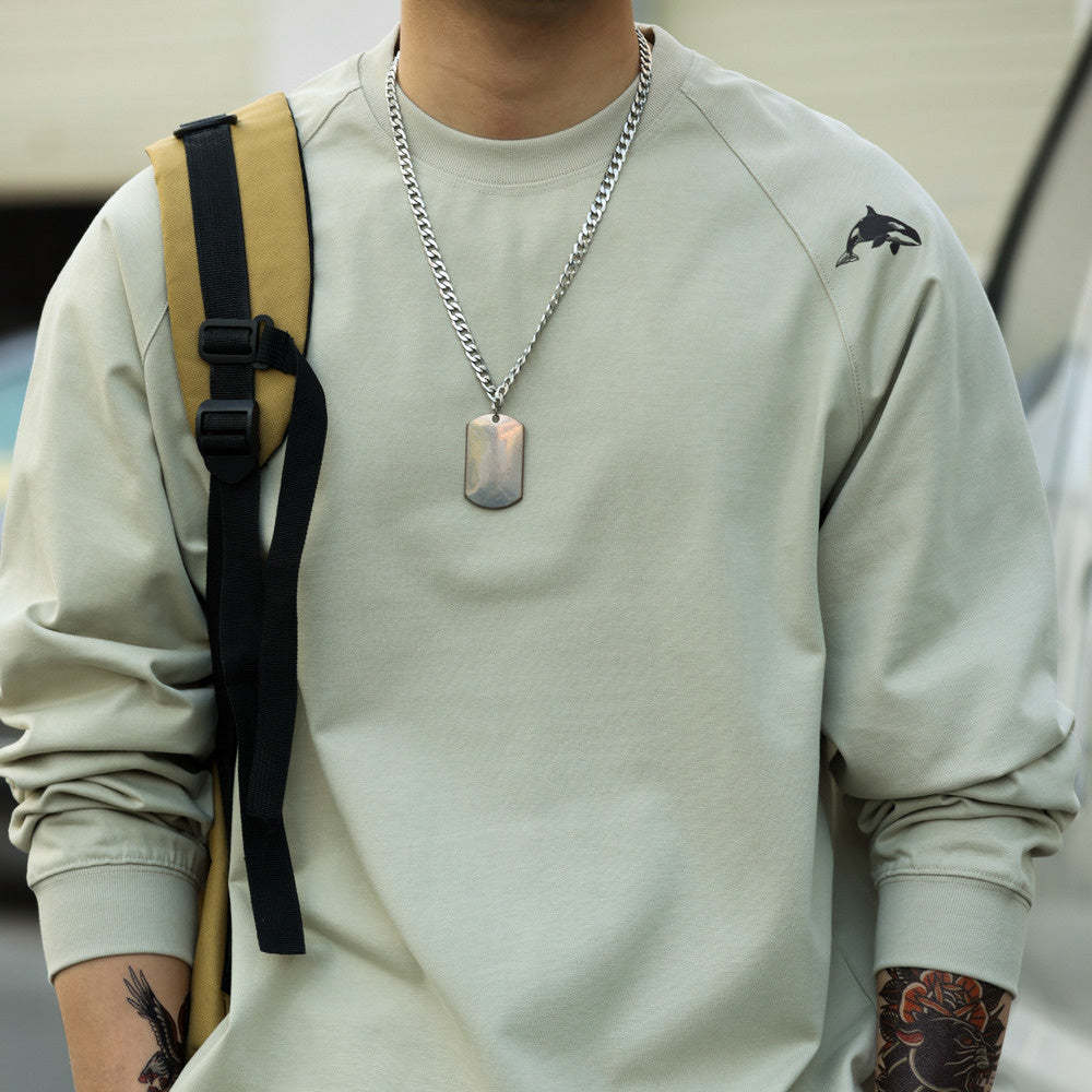 美式休閒300g重磅插肩長袖T恤男鯨魚印花三本針純棉TEE