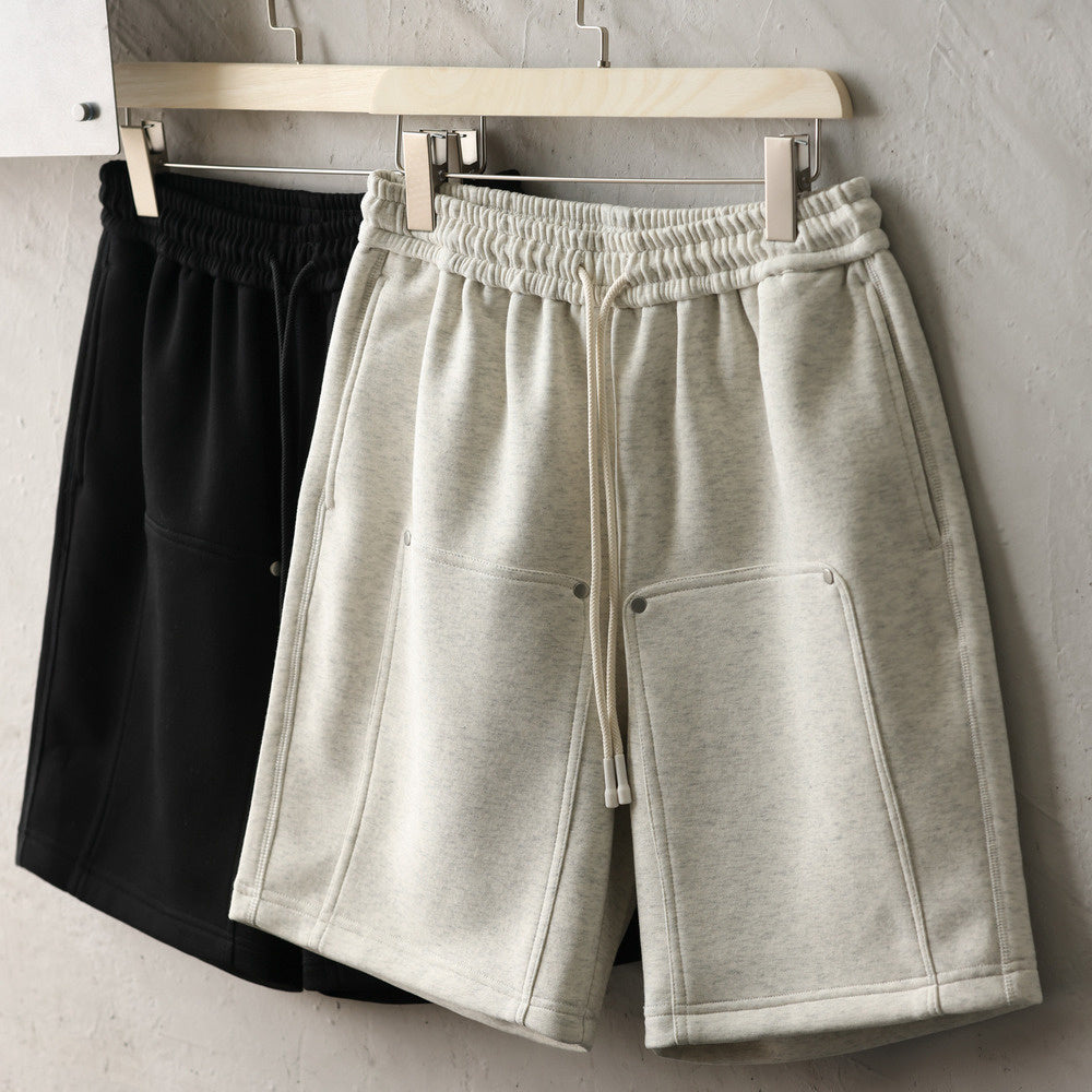 美式休閒320g重磅短褲男鉚釘設計直筒復古運動五分衛褲