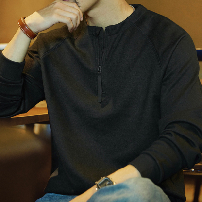 美式復古黑色半拉鍊長袖t恤男2025秋季新款插肩袖打底衫內搭上衣