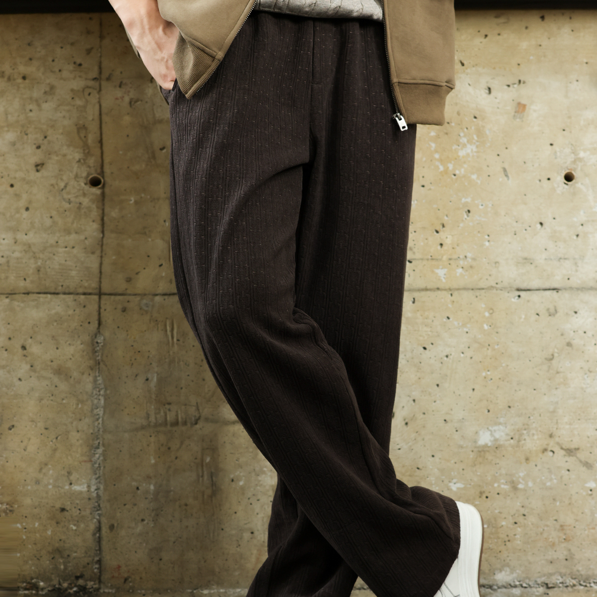 美式復古400g重磅毛呢衛褲男法工藍提花肌理針織休閒褲