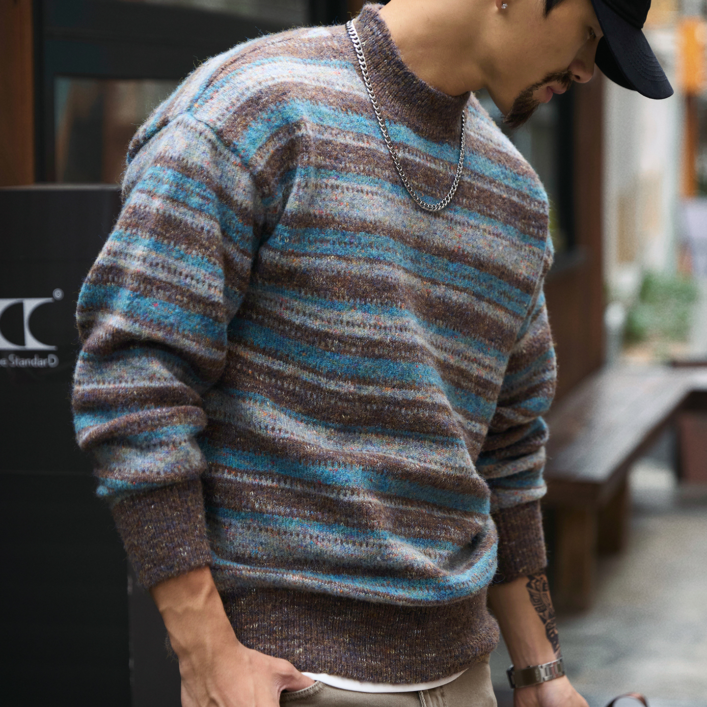 慵懶風撞色條紋圓領毛衣男2025冬季新款寬鬆復古加厚保暖針織衫