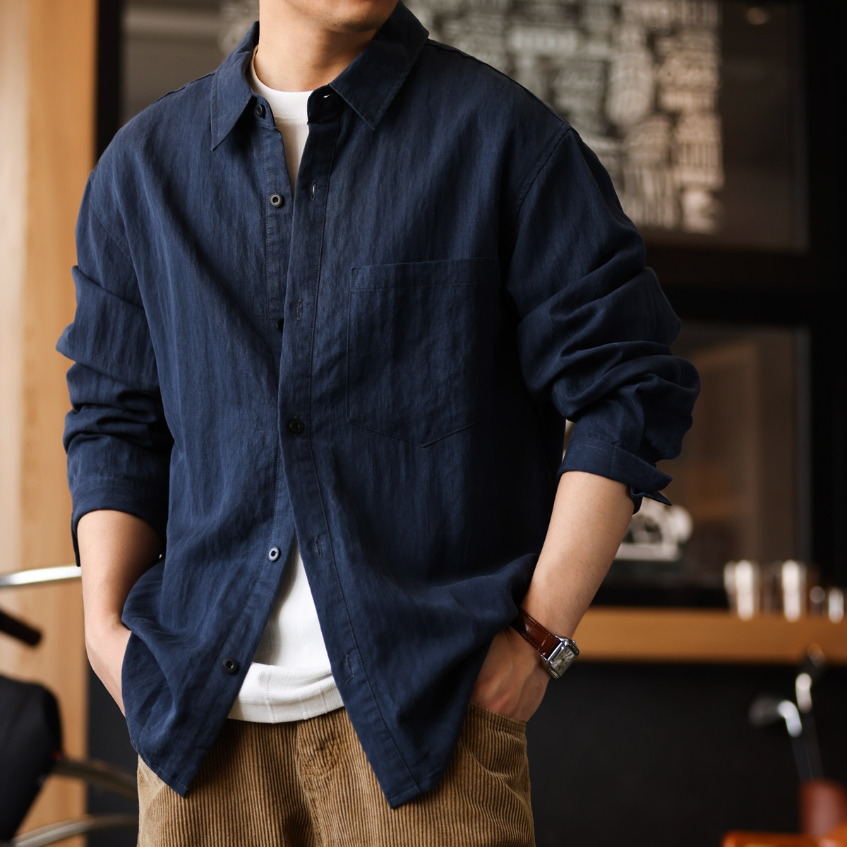 砂洗復古天絲長袖襯衫男美式休閒202g簡約啞光質感外套