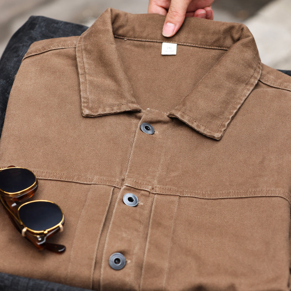 美式格雷系碳素磨毛復古夾克男士寬鬆休閒重磅翻領工裝外套-Retro's Wear