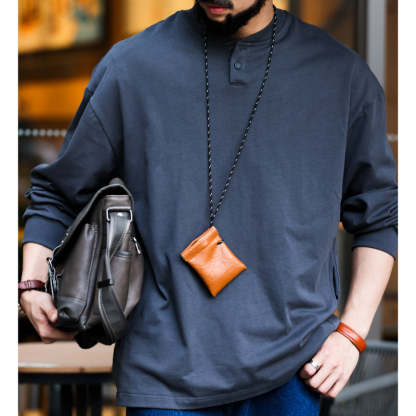 美式復古亨利領長袖T恤寬鬆休閒280g純棉側口袋深灰色打底衫-Retro's Wear