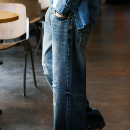 美式復古12盎司破洞補丁牛仔褲男石磨紋理闊腿直筒長褲