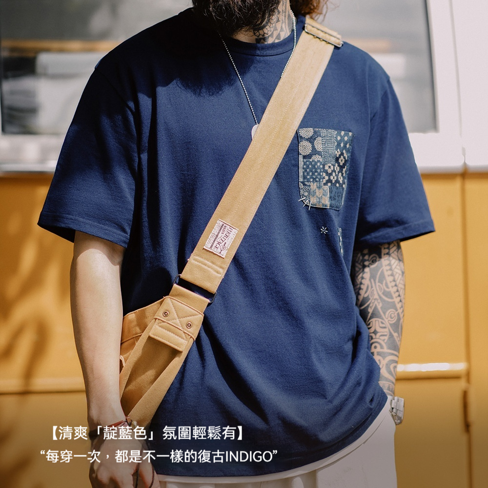 植物藍染古布拼接口袋T恤美式復古indigo純棉上衣男夏季