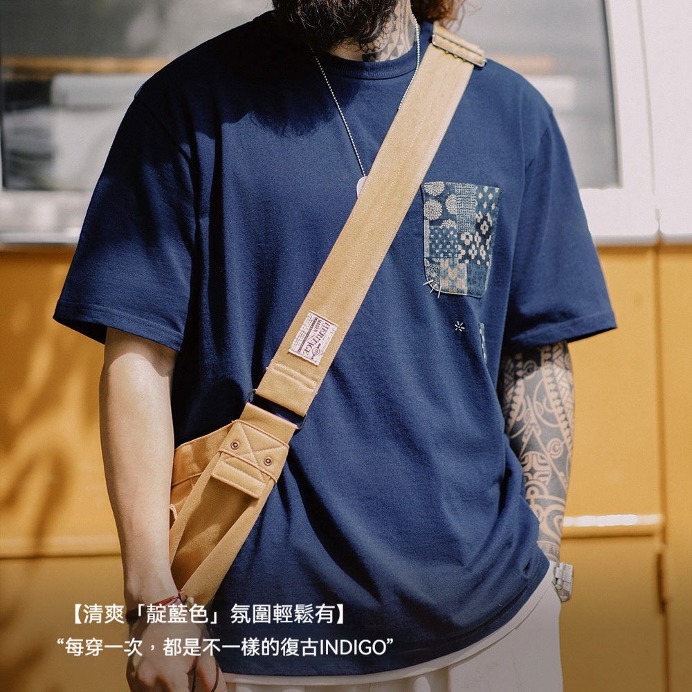 植物藍染古布拼接口袋T恤美式復古indigo純棉上衣男夏季