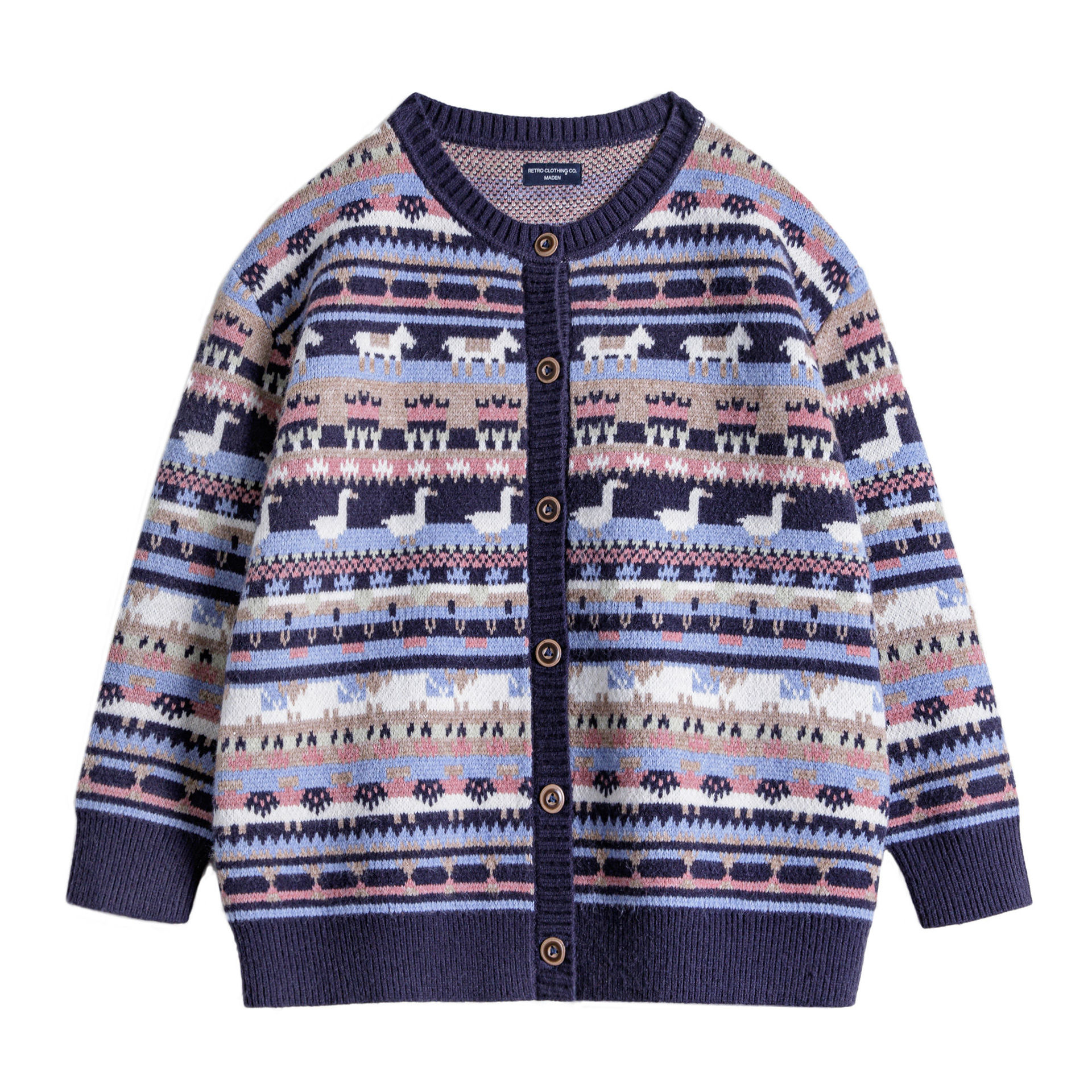 動物圖案復古寬鬆加厚費爾島針織提花毛衣開衫外套上衣女秋冬