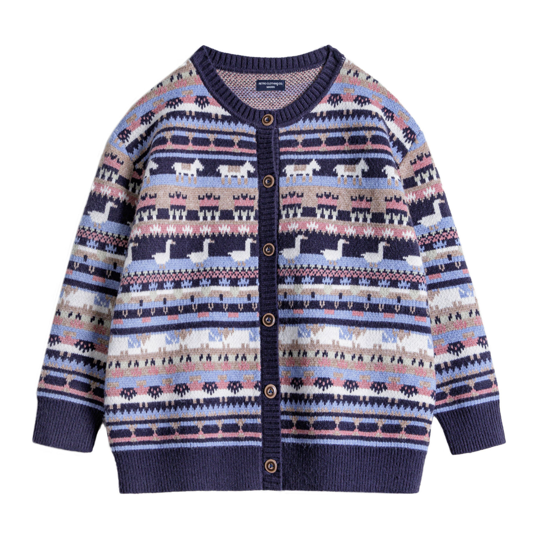 動物圖案復古寬鬆加厚費爾島針織提花毛衣開衫外套上衣女秋冬