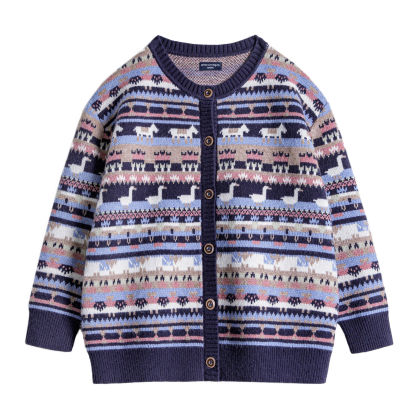 動物圖案復古寬鬆加厚費爾島針織提花毛衣開衫外套上衣女秋冬