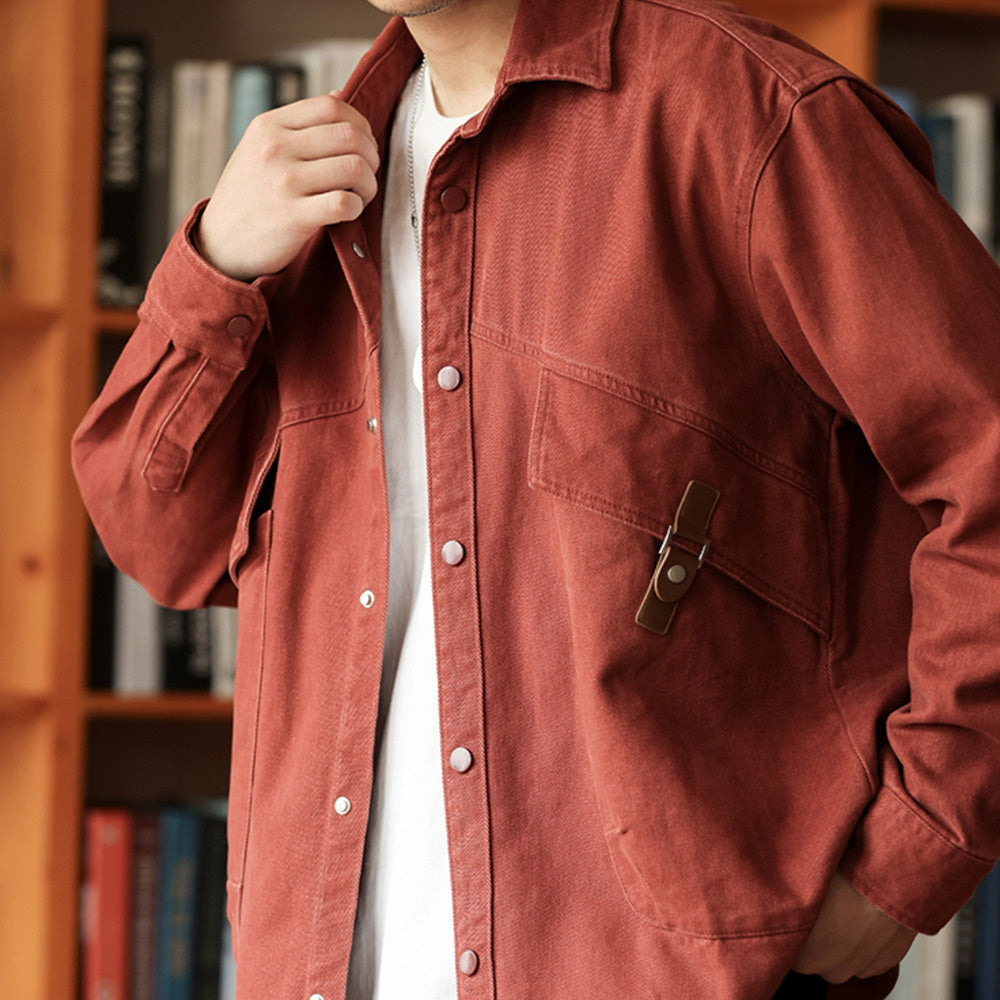 格雷系安可拉紅色襯衫外套男寬鬆巴黎扣斜插口袋工裝襯衣秋-Retro's Wear