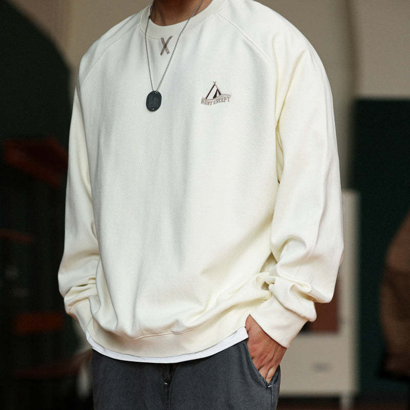 美式休閒320g粗針斜紋圓領衛衣男插肩袖設計啞光刺繡上衣秋-Retro's Wear