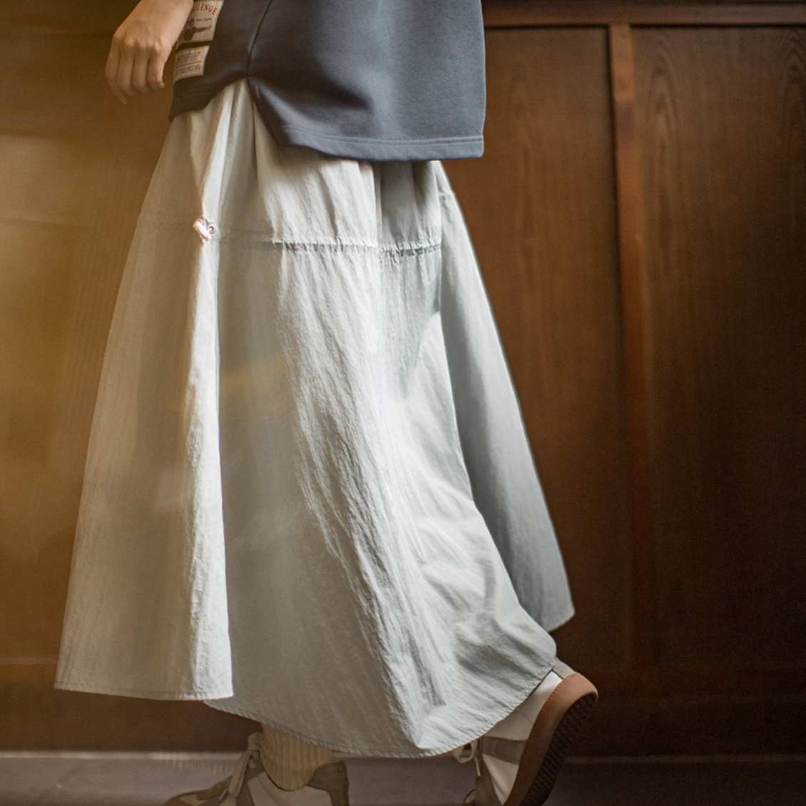 2025新薄長款透氣鬆緊腰帶口袋雙層A字大裙擺半身裙子女士夏