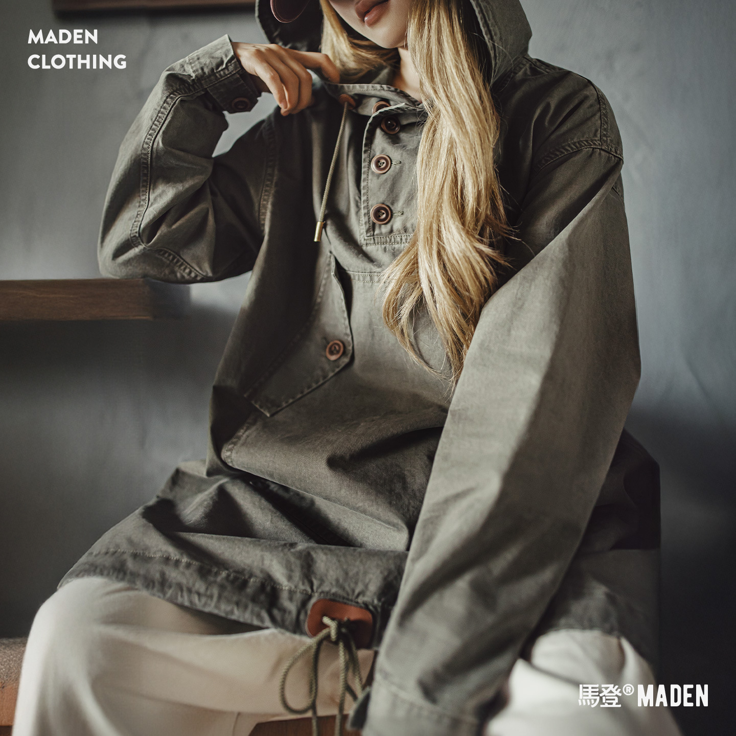 軍綠色水洗中長款寬鬆全棉套頭連帽工裝風衣連衣裙外套女士秋