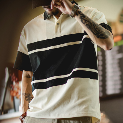 美式復古polo衫短袖男夏季2025新款撞色彈力上衣寬鬆拼接男士t恤
