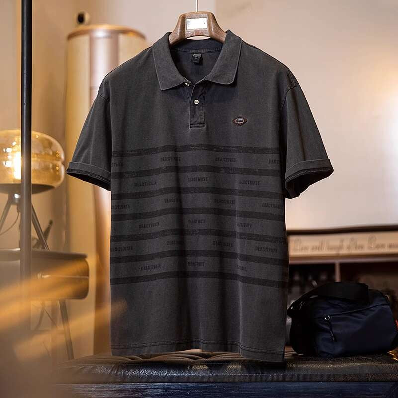 美式條紋印花polo衫男短袖t恤夏季2025新款純棉復古水洗半袖男