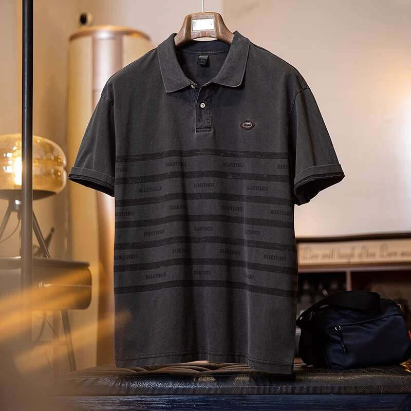 美式條紋印花polo衫男短袖t恤夏季2025新款純棉復古水洗半袖男