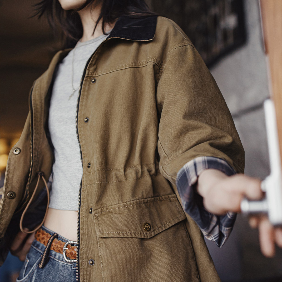 復古卡其撞色巴恩風翻領寬鬆收腰派克工裝夾克外套上衣女士秋