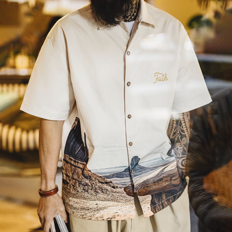 美式復古紀念碑穀古巴領襯衫短袖印花vintage襯衣男春夏