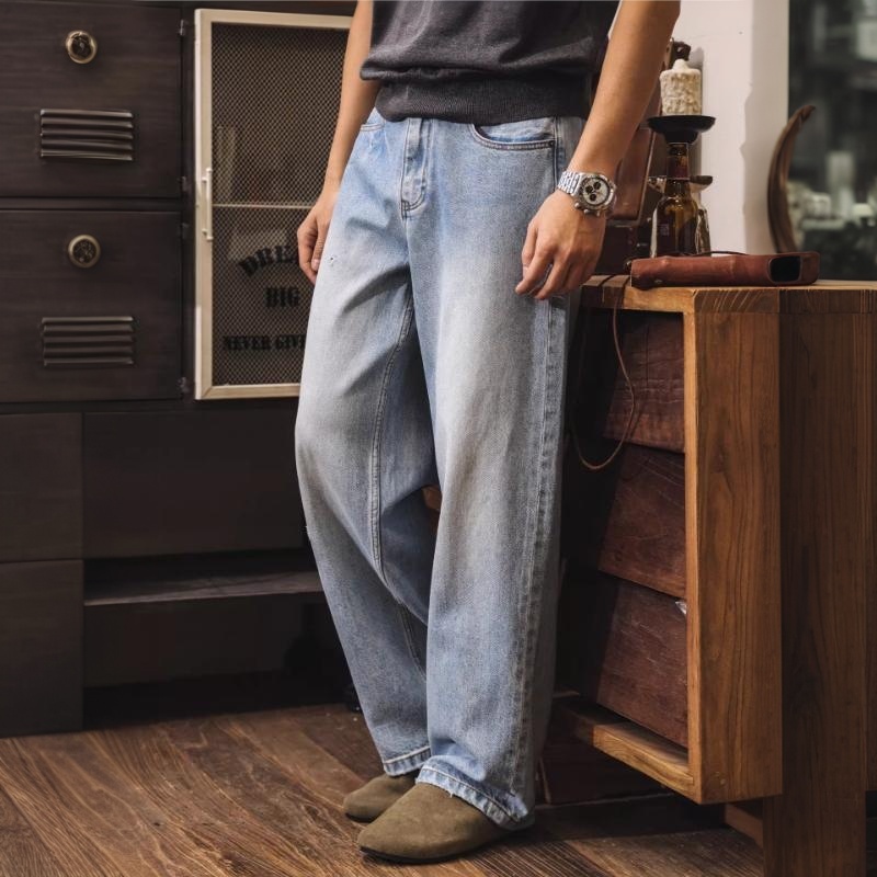 美式復古水洗磨白闊腿牛仔褲男款2026新款春季潮牌寬鬆休閒直筒褲