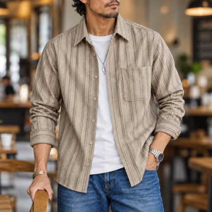 色織豎條紋襯衣男秋季寬鬆復古單貼袋翻領長袖襯衫