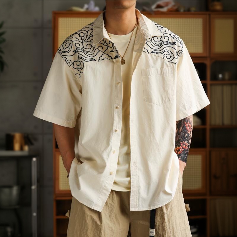 美式輕復古雲紋刺繡短袖襯衫男32支純棉休閒親膚襯衣夏