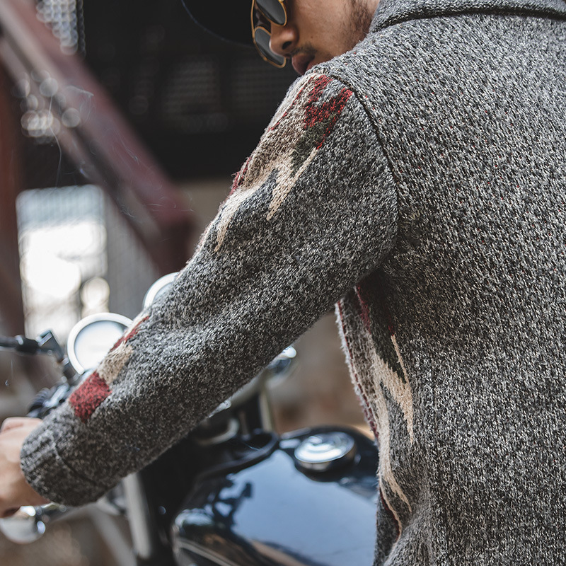 美式開衫青果領毛衣印第安翻領加厚針織外套上衣納瓦霍男-Retro's Wear