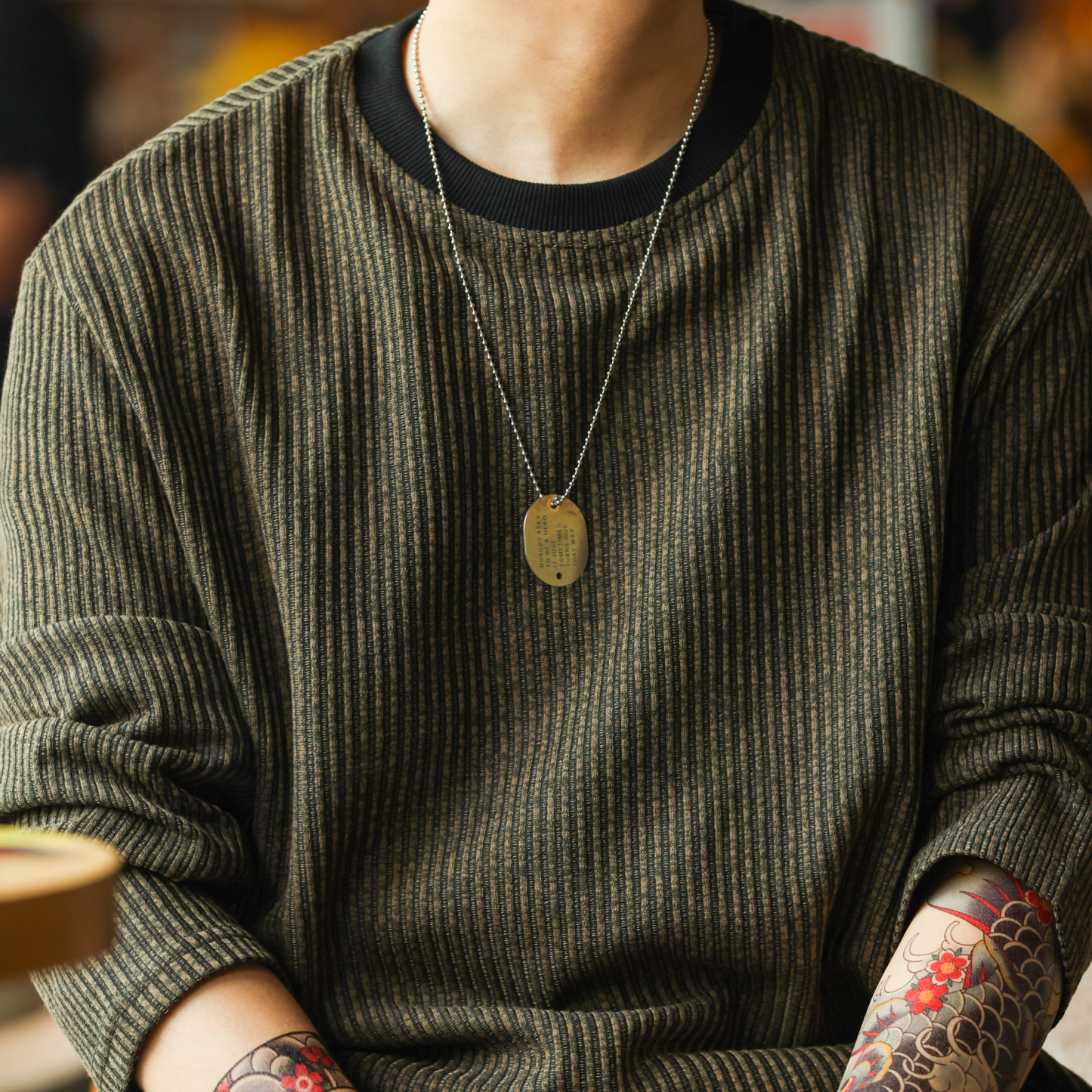 美式復古豎坑條肌理長袖T恤男撞色圓領慵懶感休閒上衣秋