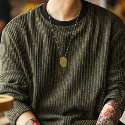 美式復古豎坑條肌理長袖T恤男撞色圓領慵懶感休閒上衣秋