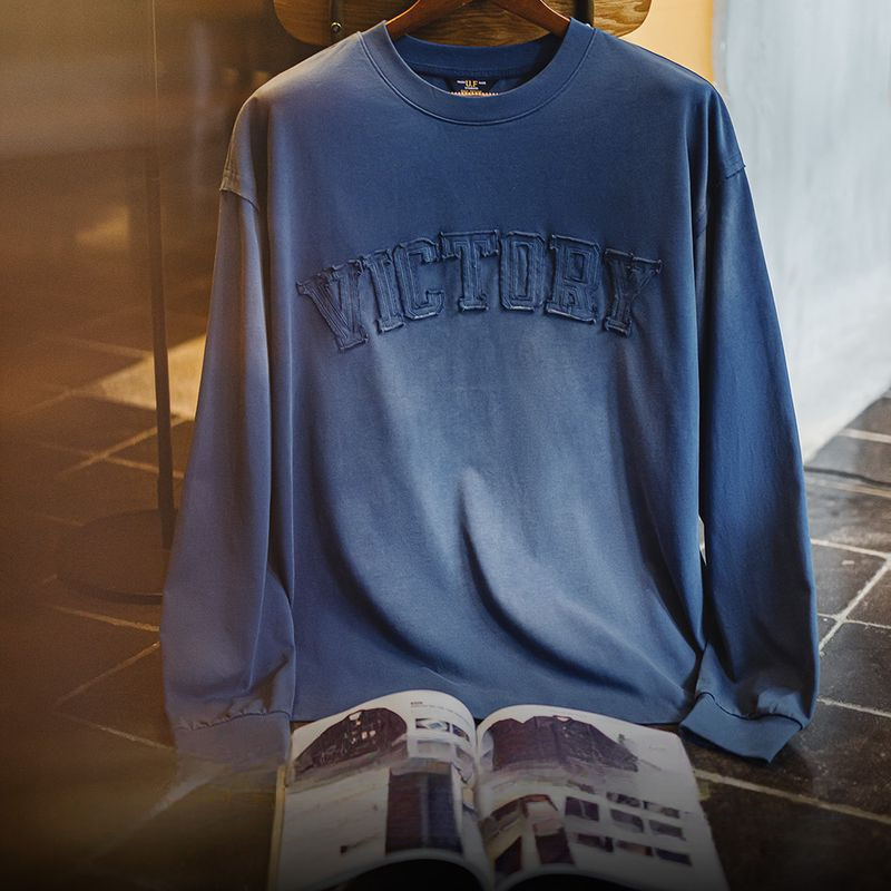 美式復古字母貼布衛衣漸變色水洗做舊寬鬆圓領T恤男春季