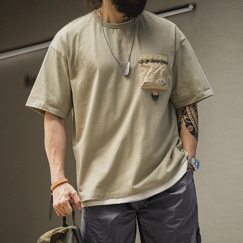 美式休閒戶外機能風短袖T恤純棉口袋撞色體恤拼接Tee男-Retro's Wear