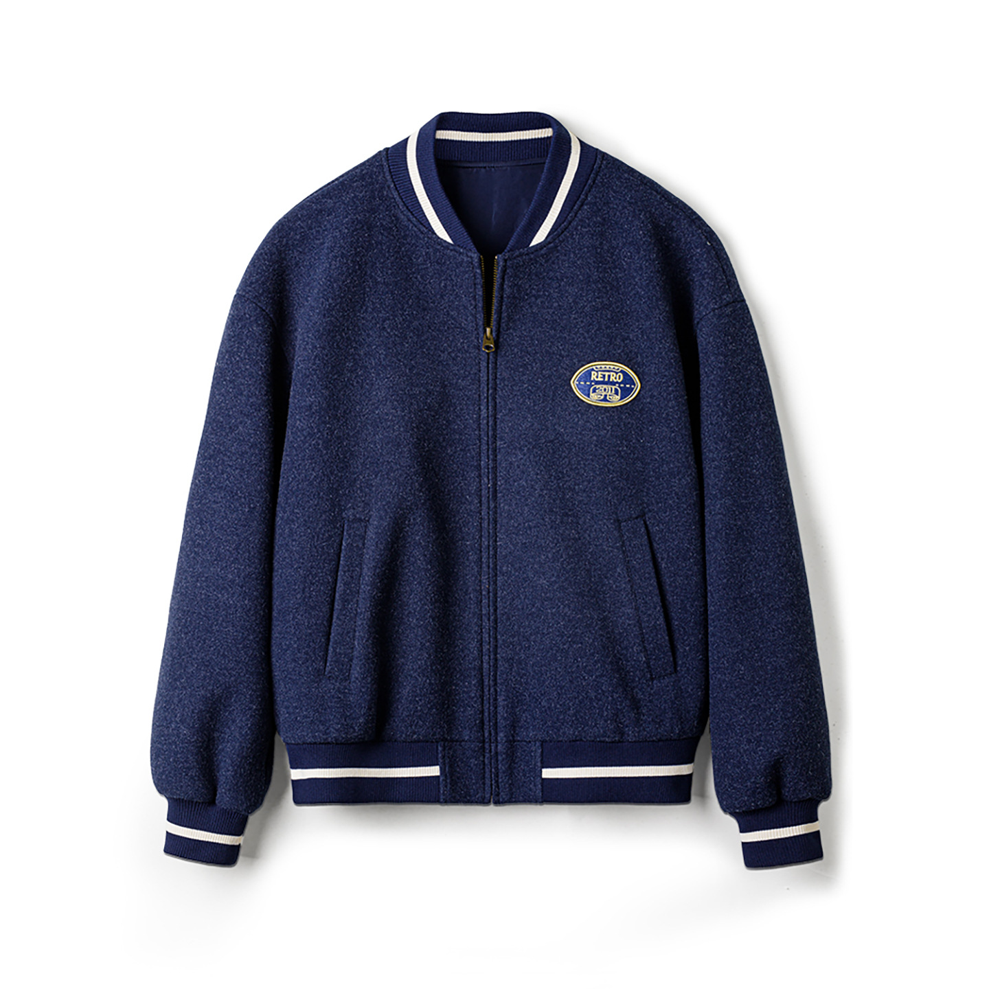 美式復古藍色針織棒球服夾克痞帥刺繡撞色短款外套男士秋