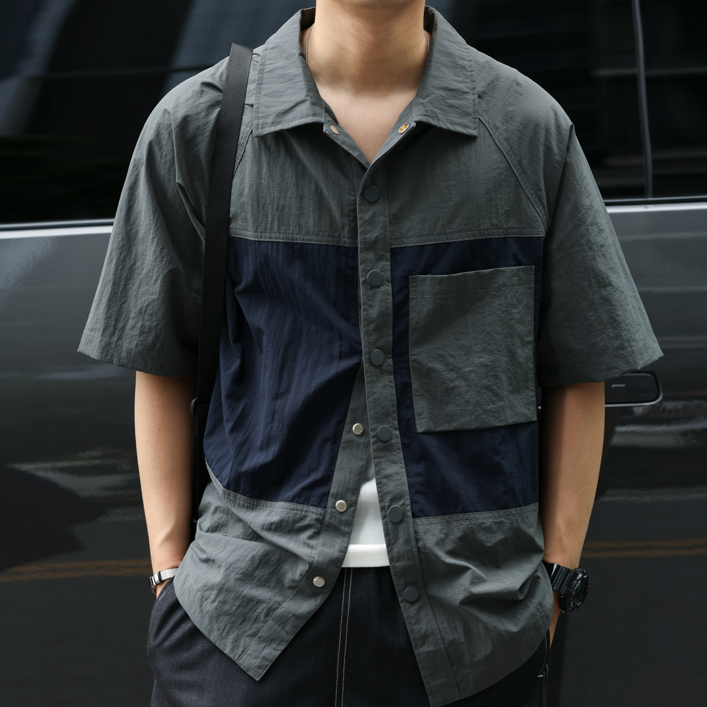 美式復古微褶肌理短袖襯衣男140g撞色拼接口袋疊穿襯衫