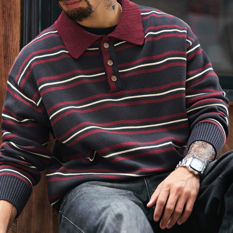美式復古POLO領條紋毛衣男2025冬季新款寬鬆慵懶風撞色針織衫上衣