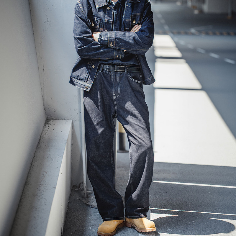 MRA美式復古重磅原牛色直筒牛仔褲闊腿寬鬆垂感深藍牛男夏秋