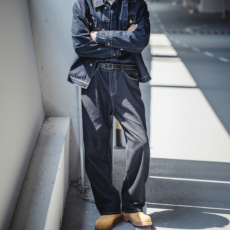 MRA美式復古重磅原牛色直筒牛仔褲闊腿寬鬆垂感深藍牛男夏秋