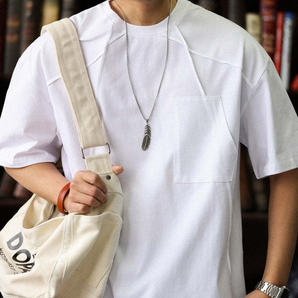日系復古解構線條設計短袖T恤男寬鬆圓領純棉高級感半袖上衣-Retro's Wear