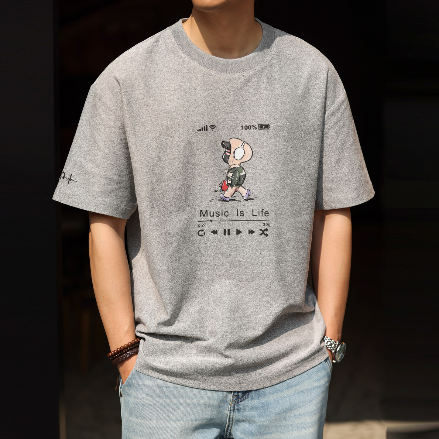 磨褶肌理感印花刺繡短袖T恤男士美式休閒寬鬆趣味打底衫