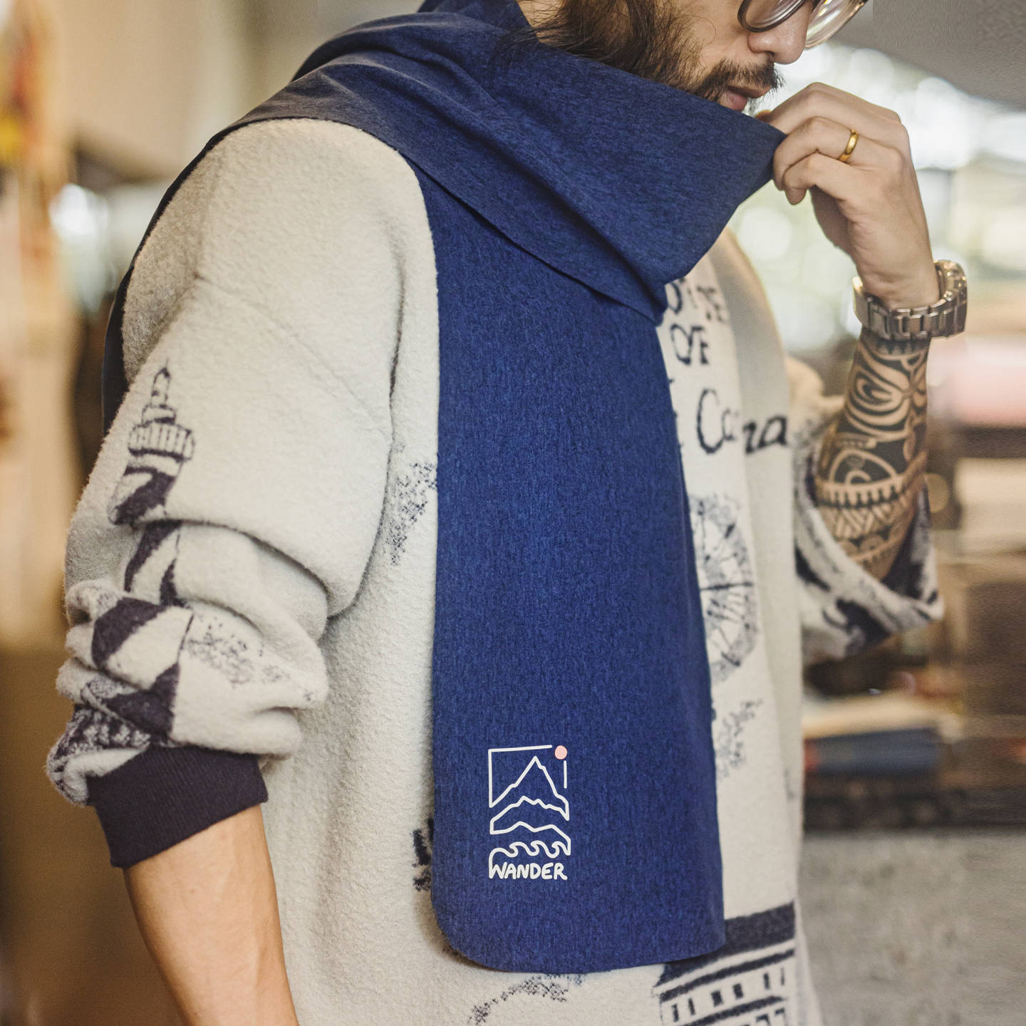 美式山影藍色印花圍巾保暖長圍脖披肩百搭薄款男士秋冬季