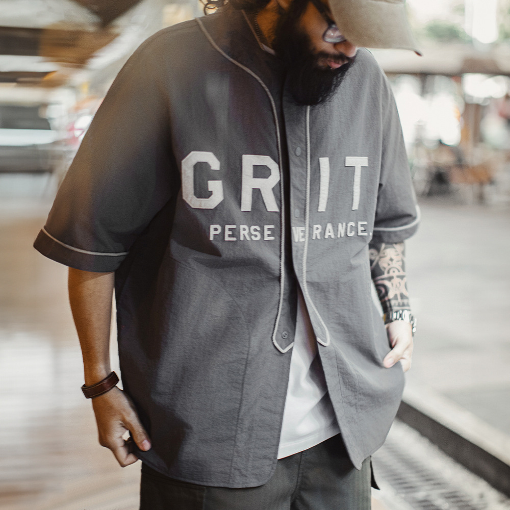 美式休閒GRIT棒球服貼布繡襯衫日系灰色薄款襯衣男春夏