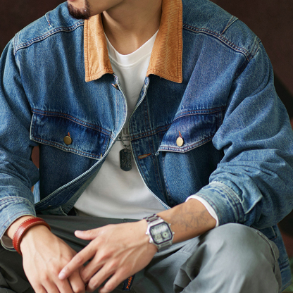 復古撞色燈芯絨翻領牛仔夾克男2025秋季新款寬鬆工裝休閒外套