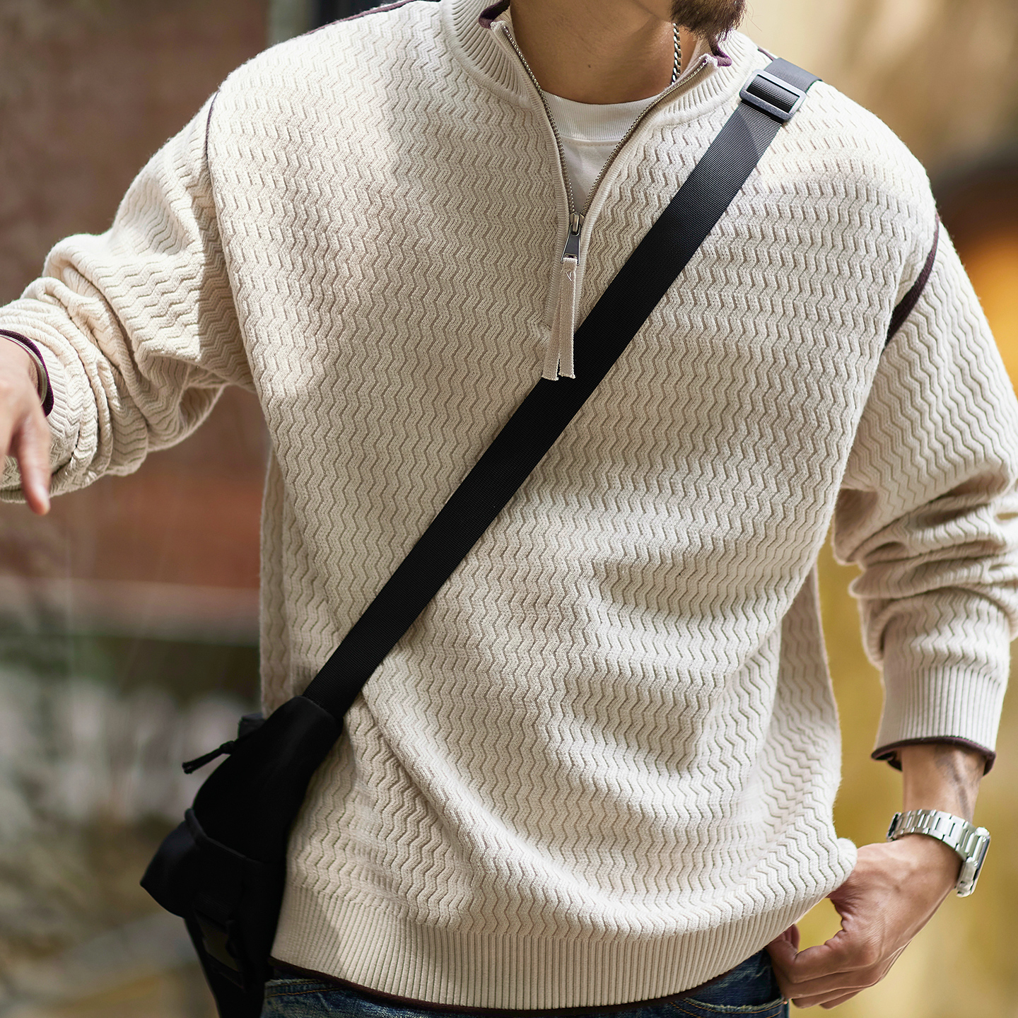 波浪肌理感立領半拉鍊毛衣男2025秋冬新款寬鬆休閒拼色針織衫上衣