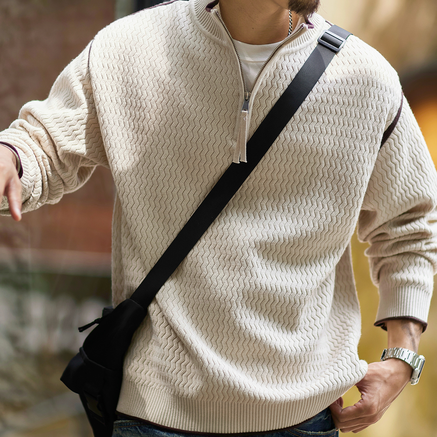 波浪肌理感立領半拉鍊毛衣男2025秋冬新款寬鬆休閒拼色針織衫上衣