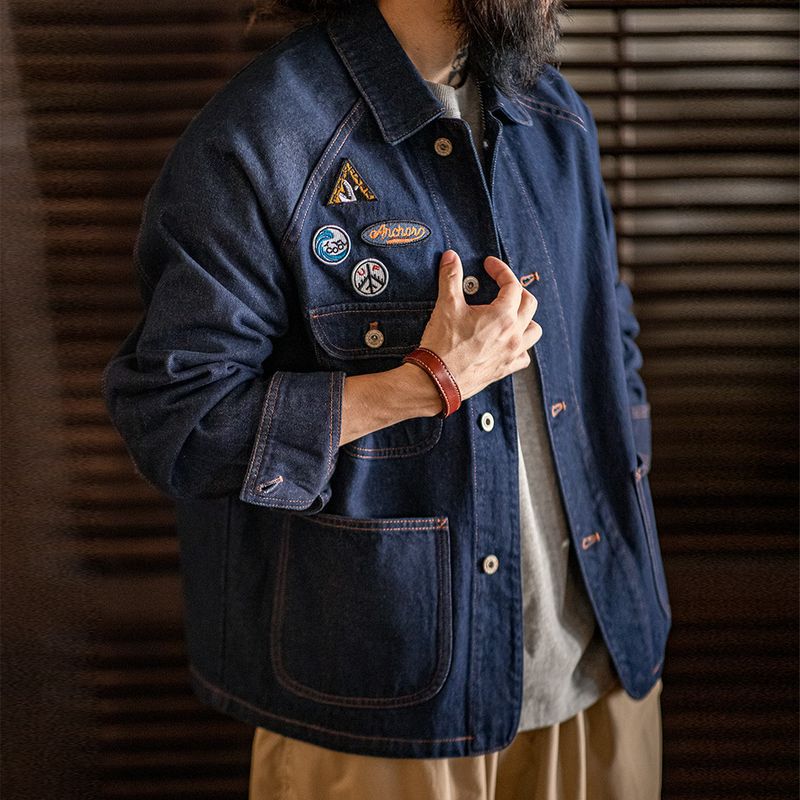 美式復古刺繡徽章牛仔夾克重磅水洗翻領休閒外套男秋冬季-Retro's Wear