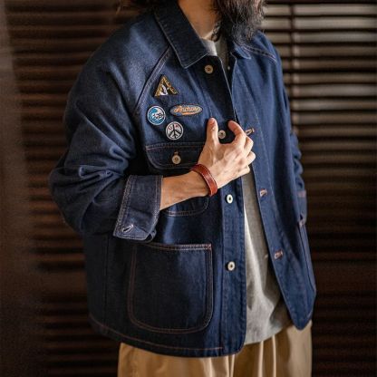 美式復古刺繡徽章牛仔夾克重磅水洗翻領休閒外套男秋冬季-Retro's Wear