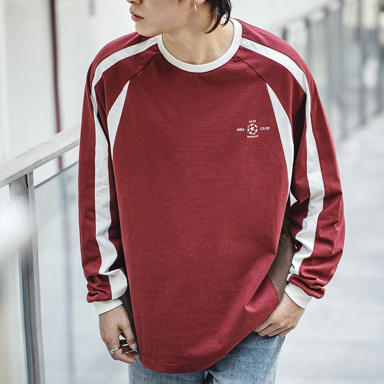 MRA復古阿森納球衣酒紅色純棉長袖T恤插肩運動印花打底衫男秋