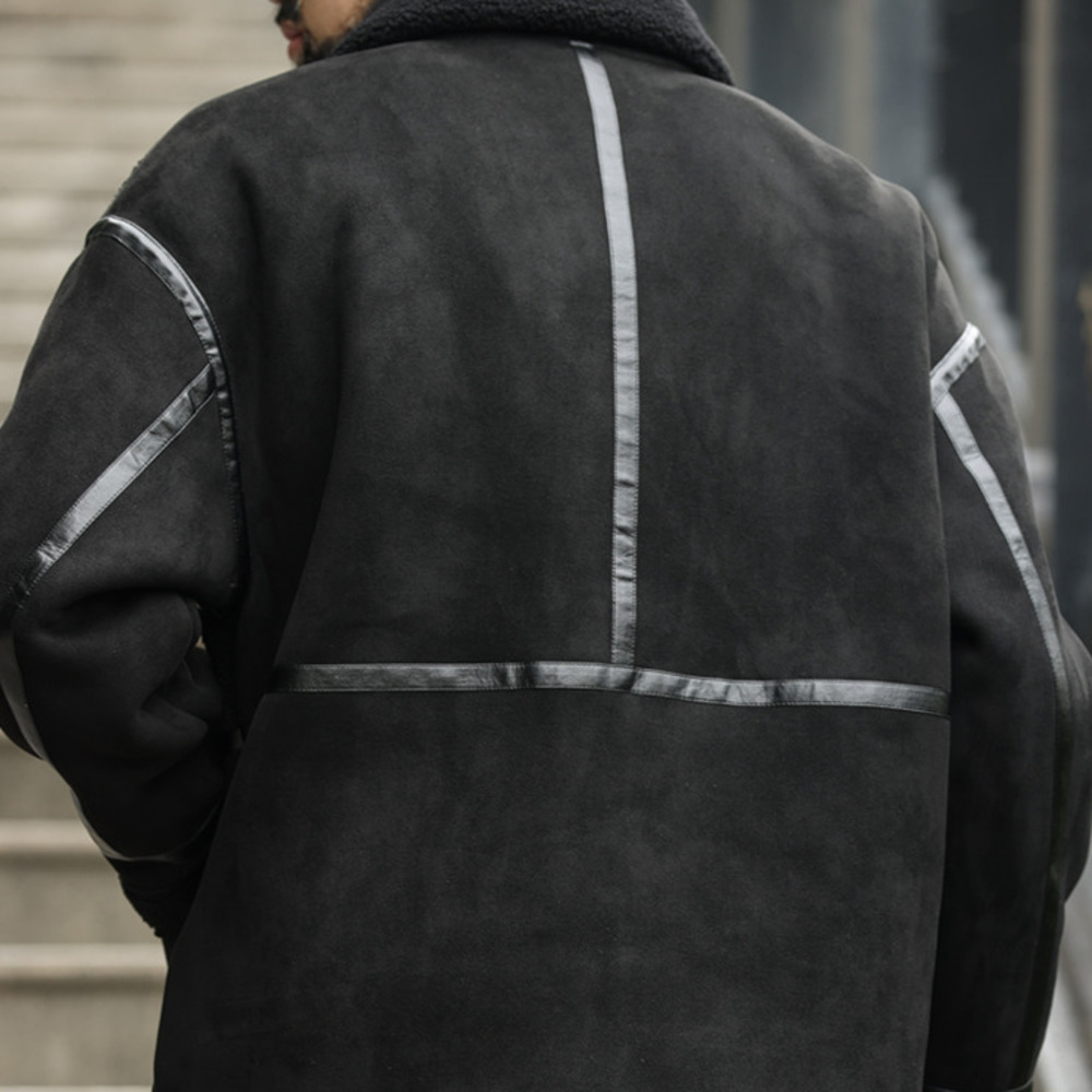 美式皮毛一體羊羔絨毛領外套男加厚保暖麂皮絨拼接夾克