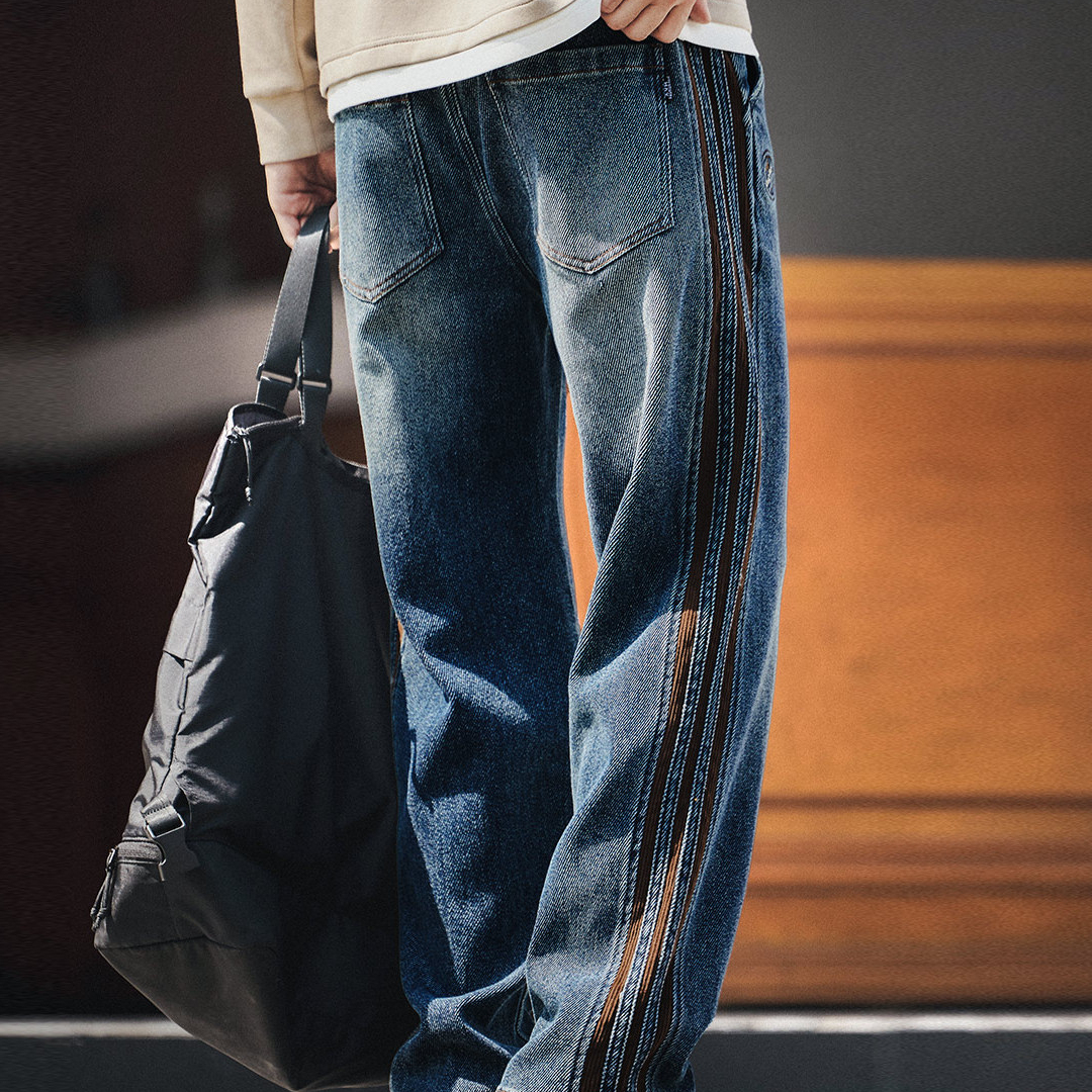 美式復古三條杠燈芯絨拼接牛仔褲男秋冬款休閒寬鬆直筒長褲