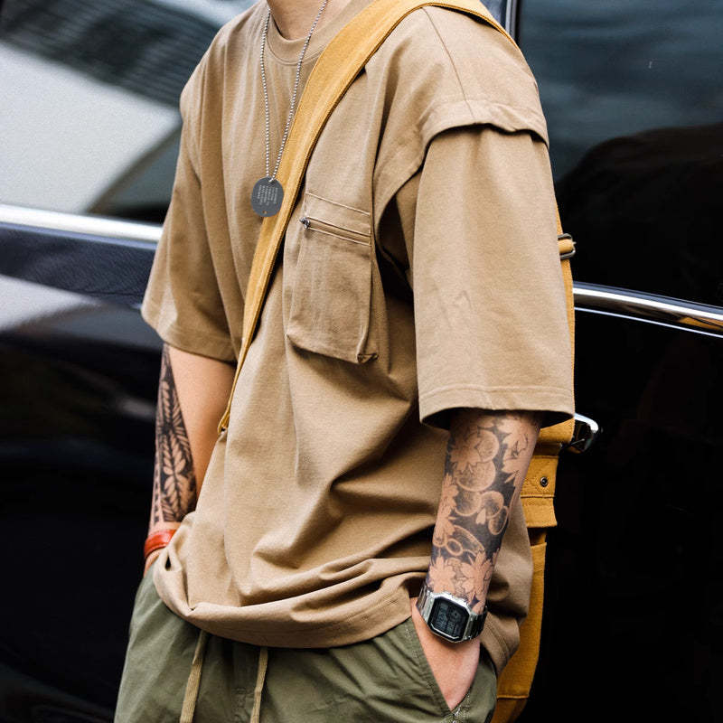 山系戶外工裝口袋短袖T恤男士寬鬆圓領原創設計半袖運動TEE